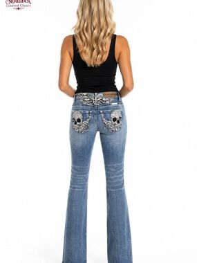 P3 Platinum Plush Size 9 Skull Crystal Embellished Bootcut Stretch Jeans